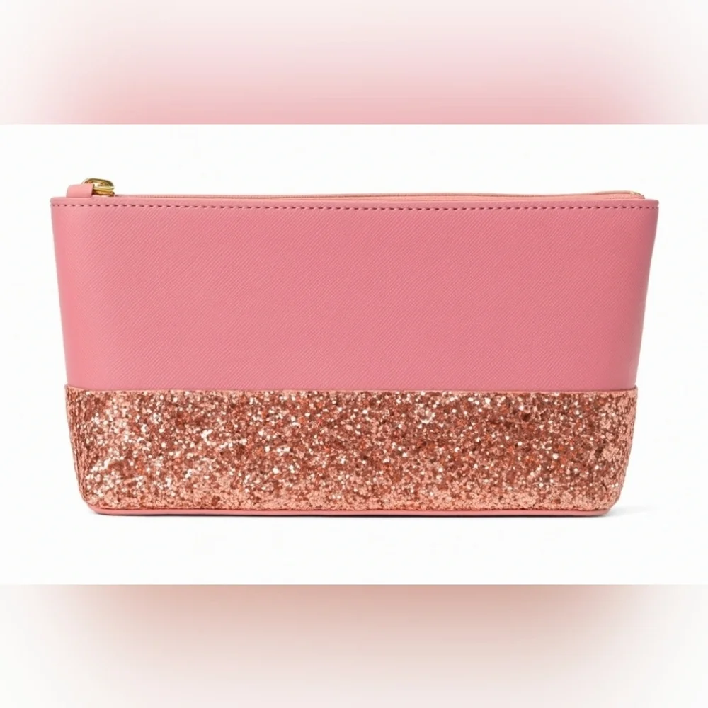 KATE SPADE Greta Court Little Shiloh Sparkle Cosmetic Bag Dusty Rose Peony - Picture 2 of 10